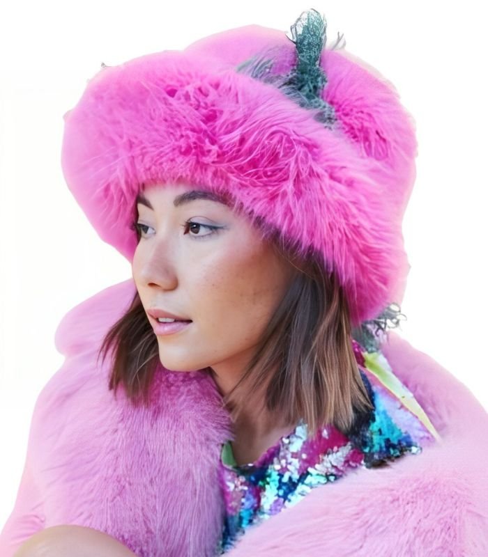 Pink Fur Bucket Hat For Womens